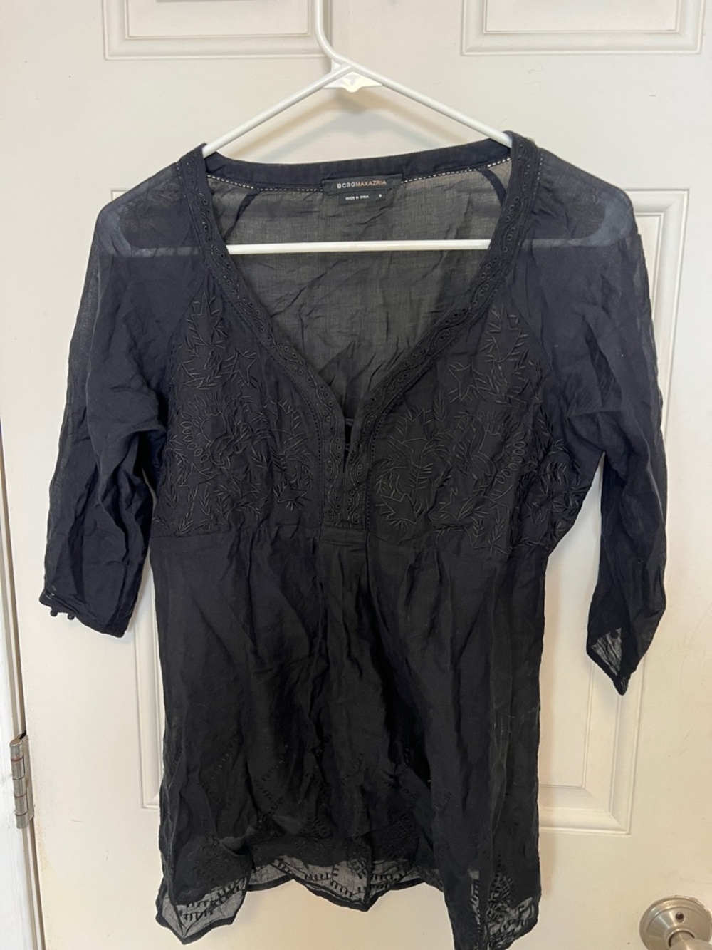 BCBGMaxAzria Black Embroidered V-Neck Tunic